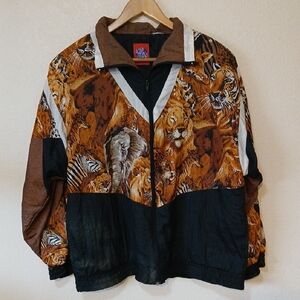 Vintage 80s Animal Jungle Print Windbreaker With Shoulder Pads